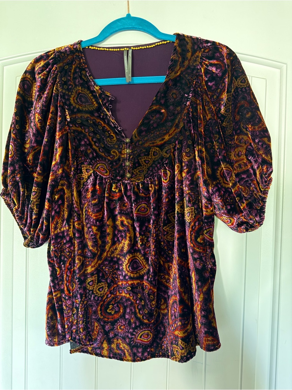 Anthropologie Velvet Paisley Blouse in Purple and Gold
